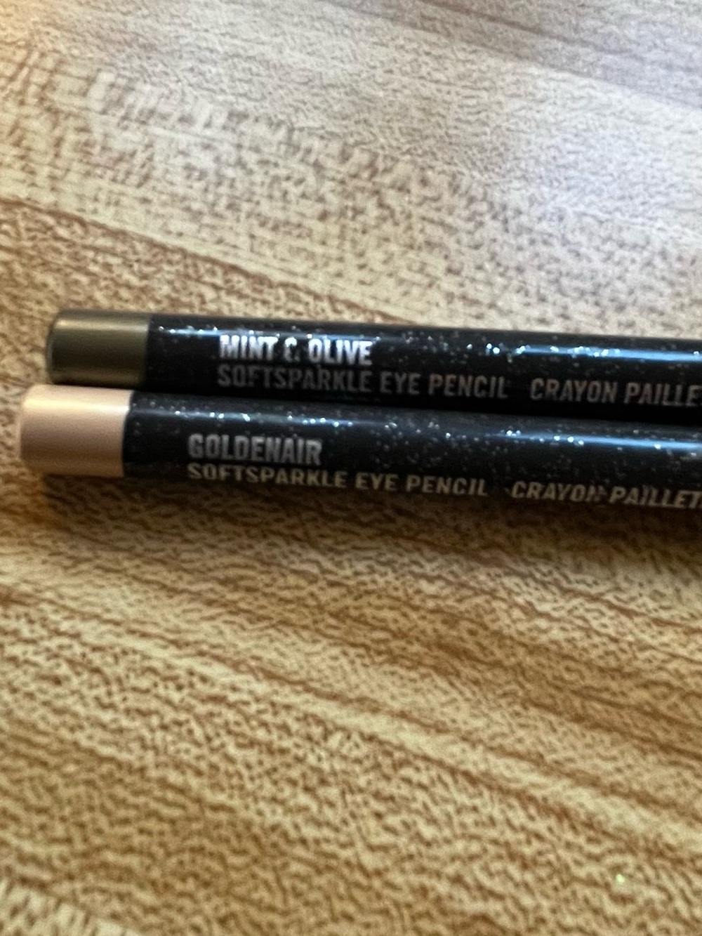 Two Discontinued MAC Softsparkle eye pencils in Goldenair & Mint O Olive